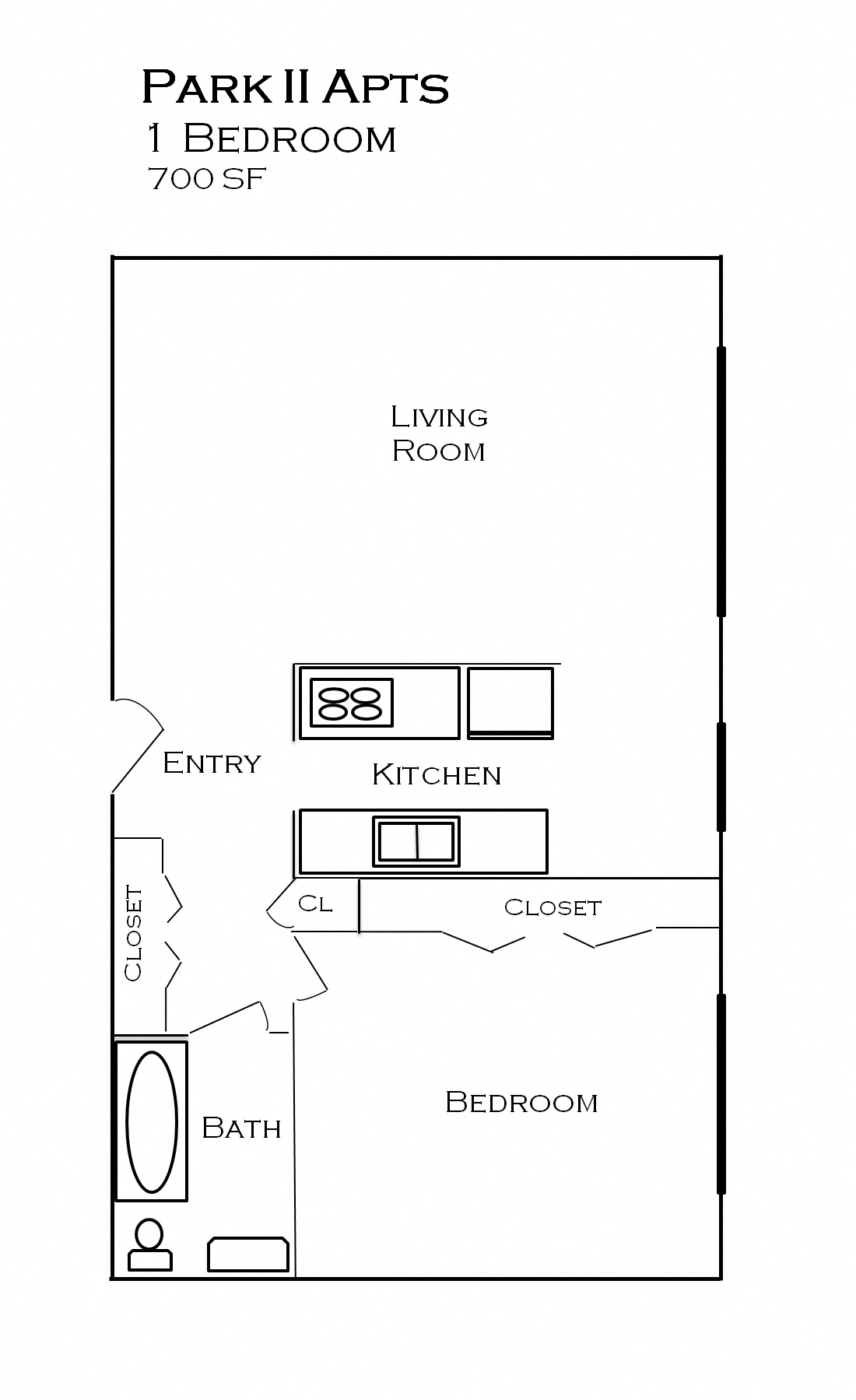 Floor plan for 1 bed, 1 bath, 700 sqft